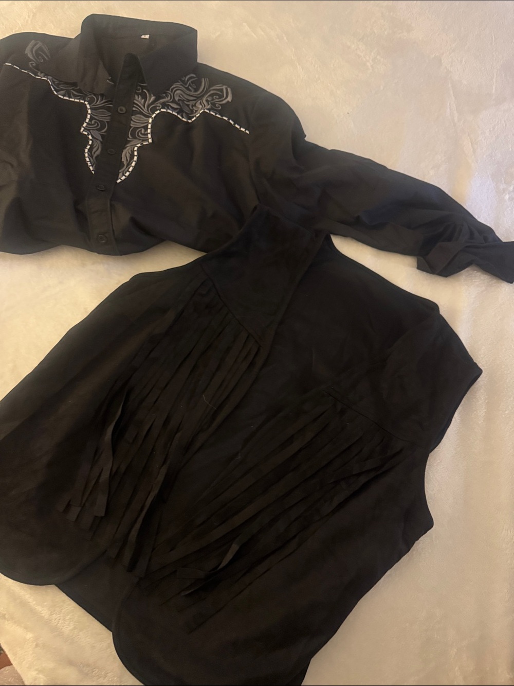 Black Embroidered Western Top and Black Fringe Vest Set